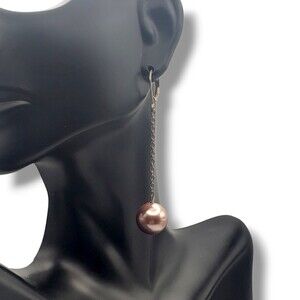 925 Sterling Silver Long Chain Pink Rose Gold Faux Pearl Leverback Earrings